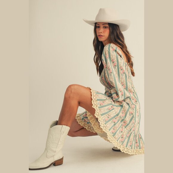 LOVLOV Vintage Floral Maxi Dress Western Cottagecore Lace Trim Smocked Bodice - Picture 6 of 16